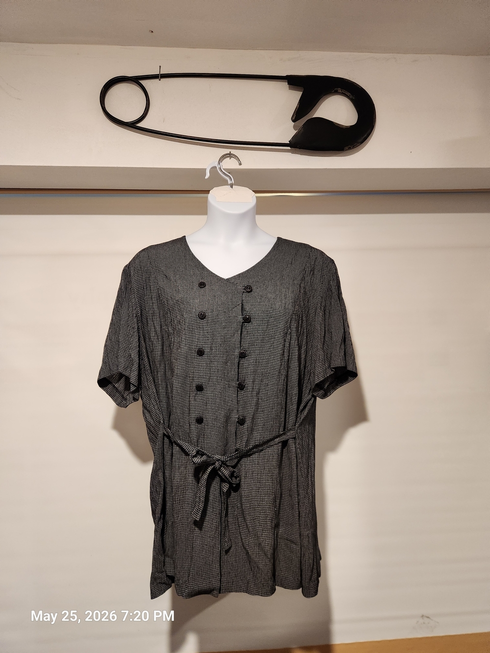 Women's Black Short-Sleeve Button Front Shirt with Waist Tie